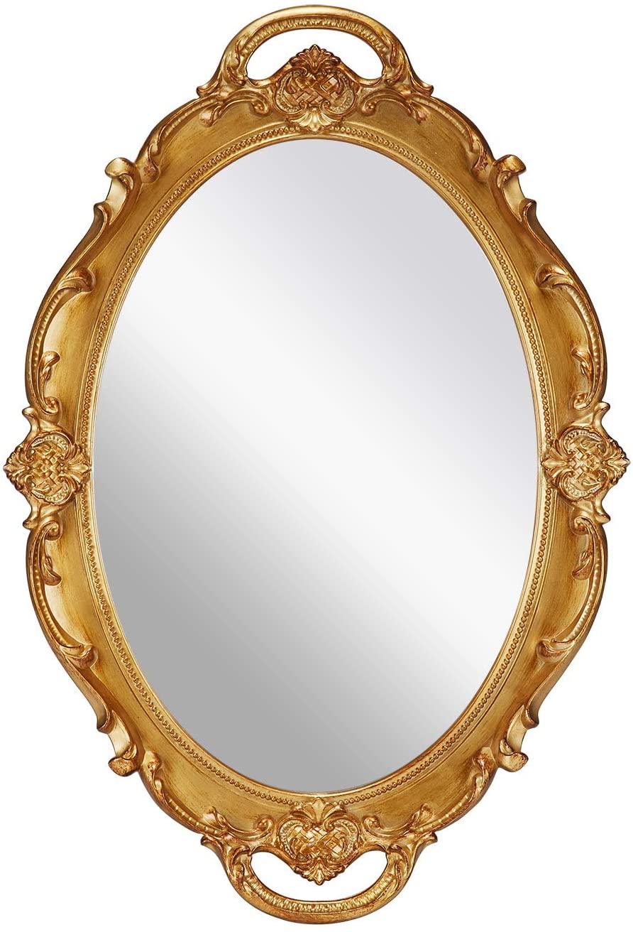 Oval Antique Gold 25 x 38 cm Vintage Carved Hanging Wall Mirror for Bedroom and Living - Room - NuSea